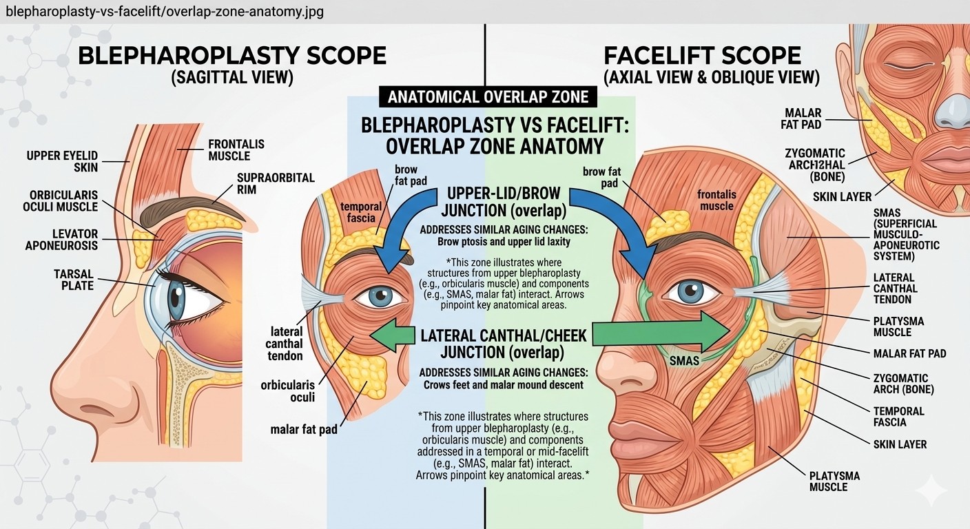 Diagram showing the anatomic overlap zone between lower eyelid and midface